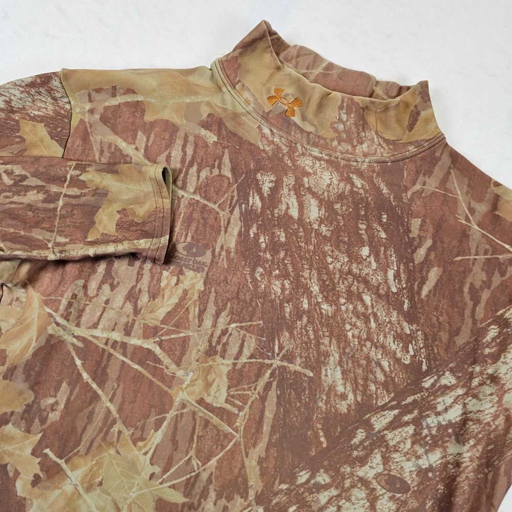 Under Armour Mossy Oak Camo Mock Neck Long Sleeve Base Layer Top Brown Orange